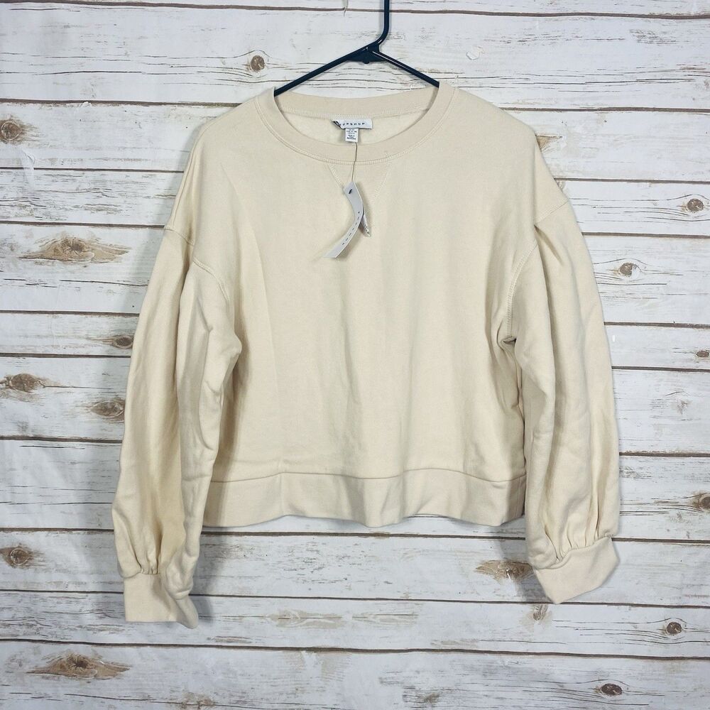 Topshop Women Balloon Sleeve Cropped Sweatshirt Crew Neck Cream Size XS US 0-2